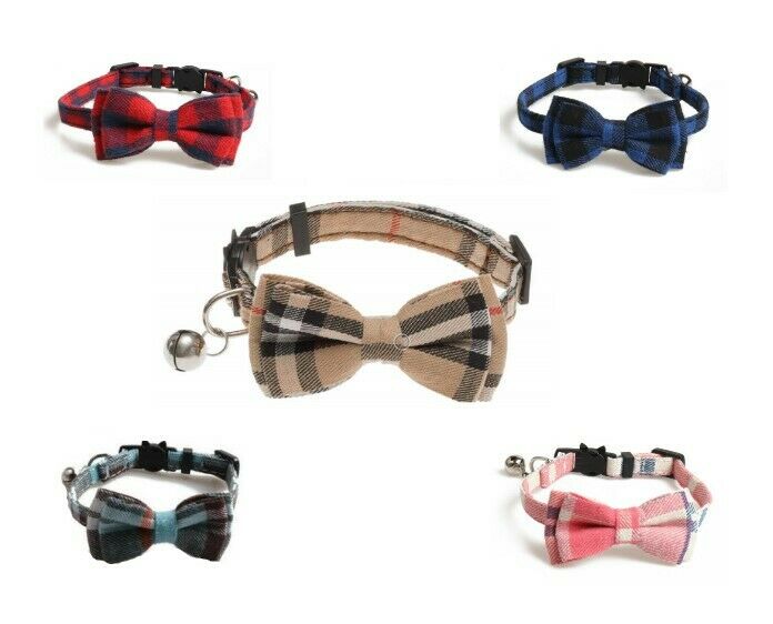 Check Plaid Cat Collar Breakaway - Bow Tie Removable Kitten Silver Bell